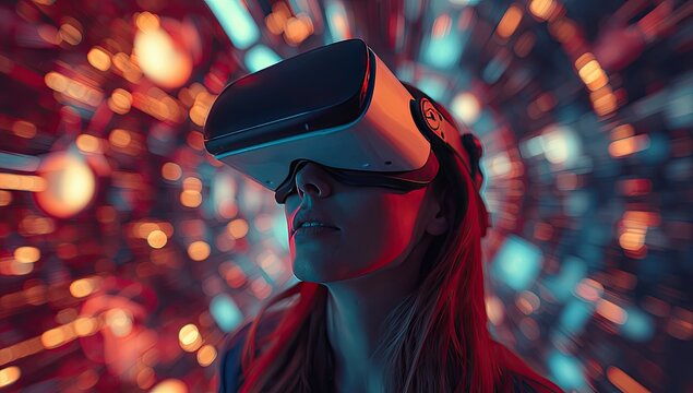Young adult woman wearing a virtual reality headset, immersed in a world of vibrant red and blue bokeh lights, representing immersion and the future of entertainment. - Powered by Adobe