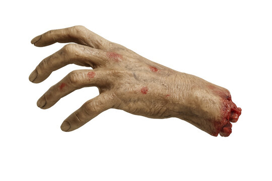 Zombie hand reaching out, severed and bloody, a halloween horror prop on transparent background