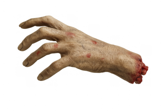 Zombie hand reaching out, severed and bloody, a halloween horror prop on transparent background