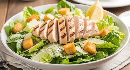 Delicious grilled chicken Caesar salad with fresh lettuce, croutons, and parmesan cheese, garnished with a lemon slice
