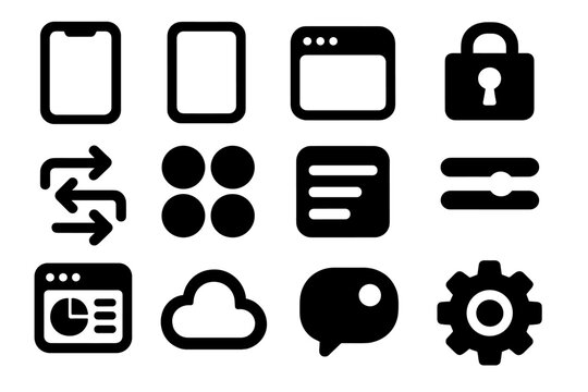 Brutalist App Icons. Platform-Specific Apps silhouette icon set: iOS device, Android device, app window, secure folder, data flow, button icons, menu list, slider control,