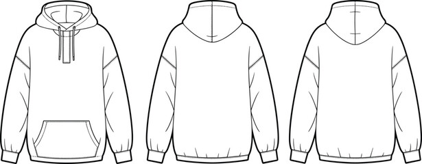 Blank hoodie flat vector template front and back view, pullover sweatshirt design, unisex streetwear apparel mockup illustration