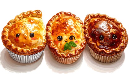 Adorable Kawaii Pies - A Trio of Sweet Treats with Cute Faces.