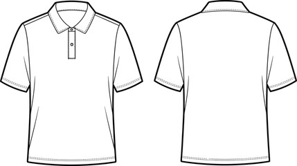 Blank polo shirt flat vector template front and back view, casual unisex short sleeve fashion design, clothing mockup illustration