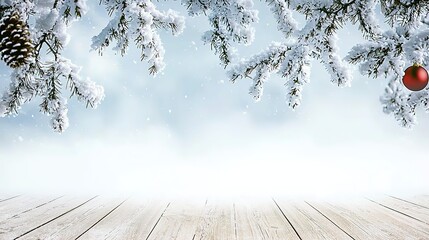 Light wooden floor with snow-covered branches, winter Christmas background