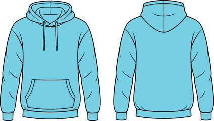 Bright cyan blue hoodie sweatshirt flat vector template front and back view, unisex casual pullover with hood and pocket, fashion design
