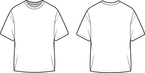 Blank white t-shirt flat vector template front and back view, unisex short sleeve crew neck fashion design, clothing mockup