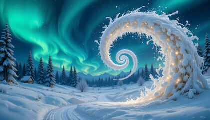 Winter landscape with aurora borealis a swirling snow formation and a forest creating a magical and serene scene