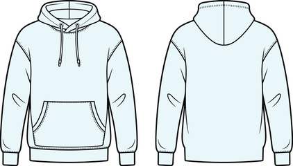 Light blue hoodie sweatshirt flat vector template front and back view, unisex casual pullover with pocket and hood, fashion design