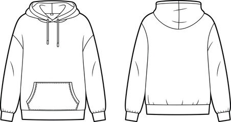 Unisex hoodie flat fashion sketch front and back view, casual sweatshirt technical drawing, pullover apparel CAD template vector