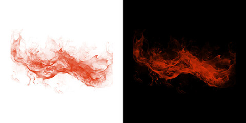 Fiery red smoke isolated on transparent background and black background collage