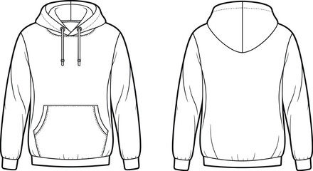 Unisex hoodie sweatshirt flat fashion sketch front and back view, casual pullover with hood and pocket, clothing CAD vector