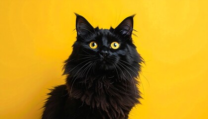A fluffy black cat with bright yellow eyes on a solid yellow background