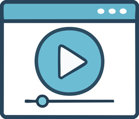 Blue line icon of a digital video player window with a play button and progress bar, symbolizing online streaming and multimedia content
