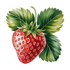 Fresh red strawberry watercolor illustration with green leaves