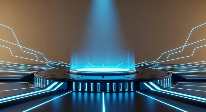 Digital Data Stream Emerging from Futuristic Technology Platform Glowing Blue Light Source Illuminating the Scene - Powered by Adobe