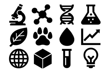 Bold Science Icons. Scientific Biodiversity silhouette icon set: microscope, molecular model, DNA helix, lab flask, leaf, animal paw print, water droplet, graph chart, globe, 3D