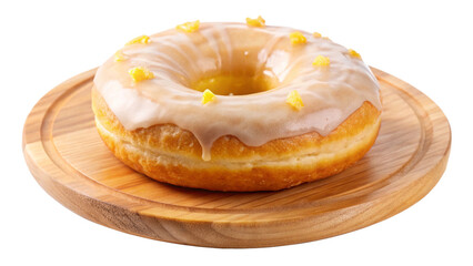  lemon-zest-glazed-donut-on-round-light-wooden-board  isolated on white background