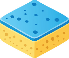 Isometric graphic illustration of a dual-layered cleaning sponge, featuring a vibrant blue scrubbing surface atop a porous yellow base, perfect for household chores and kitchen maintenance