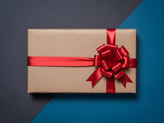Brown Gift Box with Red Ribbon and Bow on Blue Gray Split Background