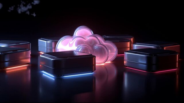 Transformation  Architecture. Cloud Infrastructure Automation. A glowing cloud shape surrounded by illuminated boxes.