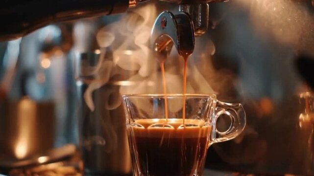 Espresso coffee brewing into glass cup with steam in cafe - Powered by Adobe