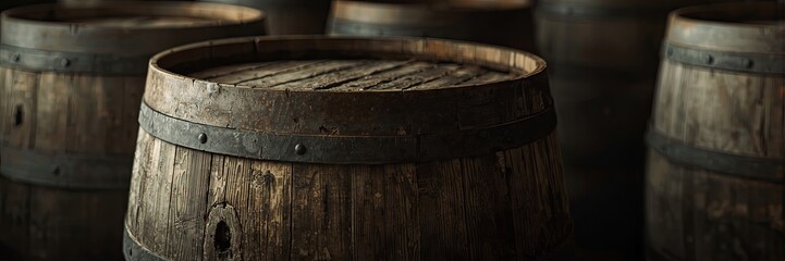 Fototapeta premium Weathered wooden barrels, showcasing rustic craftsmanship and a sense of age, are arranged in a dimly lit environment, evoking a feeling of history and tradition, with the focus on the textured...