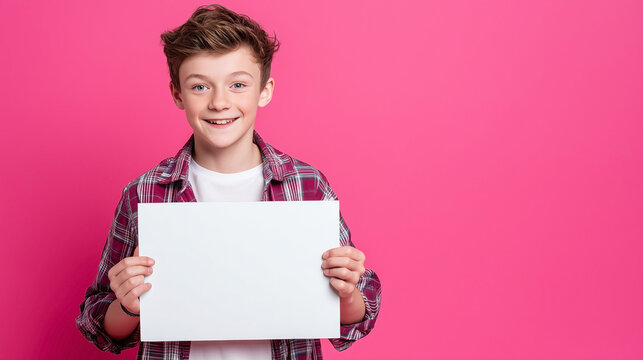 A boy is holding a blank piece of paper