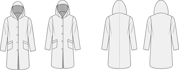 Technical flat sketch of long hooded coat with button closure and pockets, fashion design CAD clothing vector template illustration