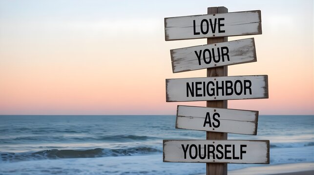 Love your neighbor as yourself" message on a beach signpost.