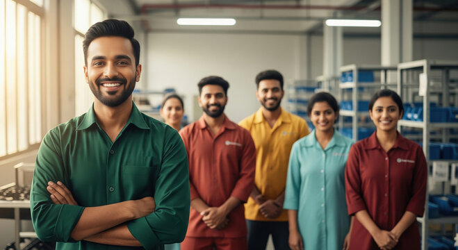 Indian male and female corporate employee standing confidently