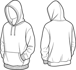 Hooded sweatshirt front and back technical flat sketch with ribbed cuffs, drawstring hood, kangaroo pocket, detailed fashion vector illustration template