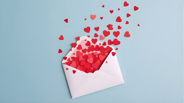 Red paper hearts spilling from white envelope on blue background - Powered by Adobe