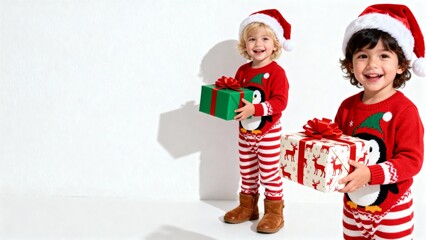 Crianças sorridentes vestidos de Papai Noel segurando presentes nas mãos. Fundo branco puro, conceito natalino alegre e infantil em alta definição.