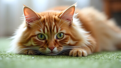 Obraz premium Golden Gaze of a Domestic Cat: A captivating ginger cat with striking green eyes rests contentedly on a soft green carpet, its fur gleaming invitingly under natural light.