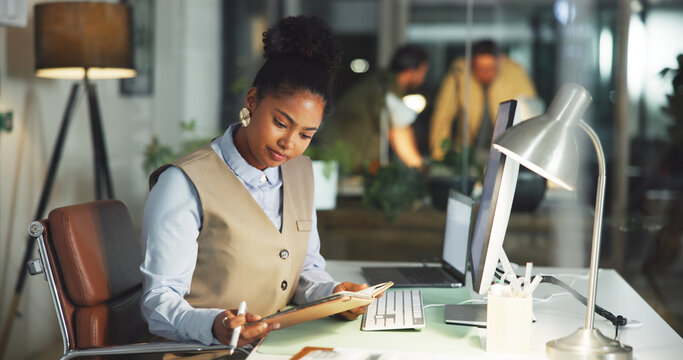 Night, business woman and reading book in office for to do list, schedule or news agenda. Notebook, journalist and person in workplace for planning story, reminder or review article idea on deadline