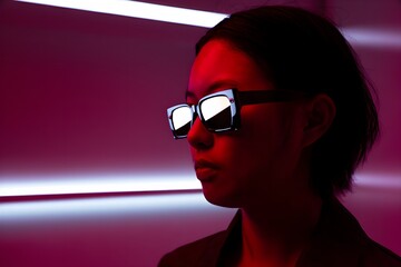 Woman Wearing Sunglasses in Neon Light