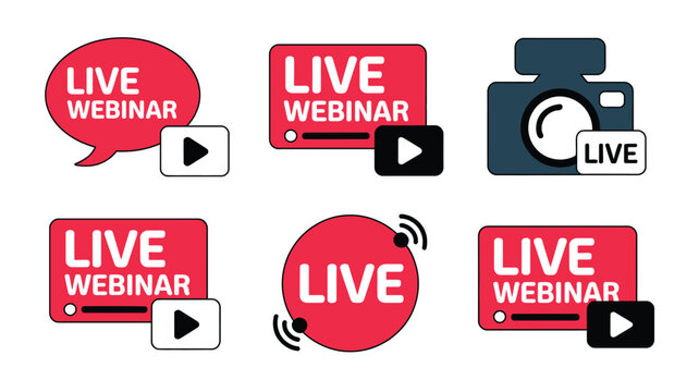 Illustration Featuring Live Webinar and Live Video Icons in Various Shapes on White Background