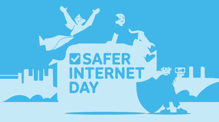 Illustration for Safer Internet Day Featuring Children, a Shield, and a Cityscape