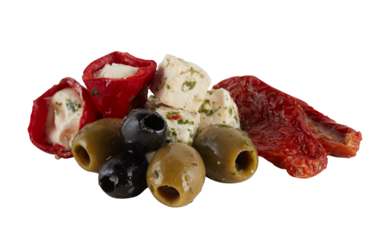 Antipasto Green and black olives Red bell peppers stuffed with cheese Cheese Sun-dried tomatoes cut out isolated transparent background