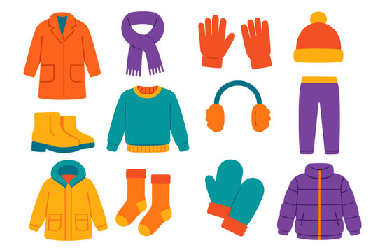 Minimal Winter Fashion Icons. Winter Outfit flat icons: coat, scarf, gloves, beanie, boots, sweater, earmuffs, wool pants, parka, thermal socks, mittens, puffer jacket.