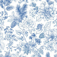 Blue Christmas Floral Toile Seamless Pattern 15 with Poinsettia, Holly and Evergreen Branches. Vintage Winter Botanical Vector. Elegant blue floral toile seamless pattern featuring detailed poinsettia