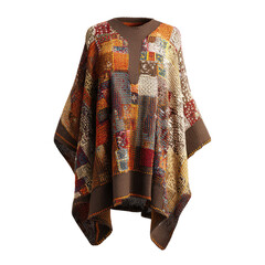 Textured poncho with earthy tones, squares, and brown collar detail
