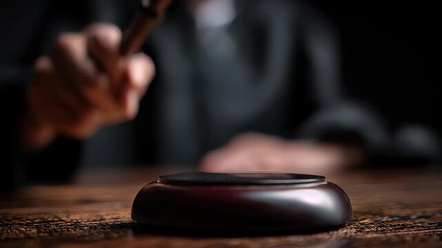 Judge's gavel striking sound block, decisive justice action in court proceedings, 4K