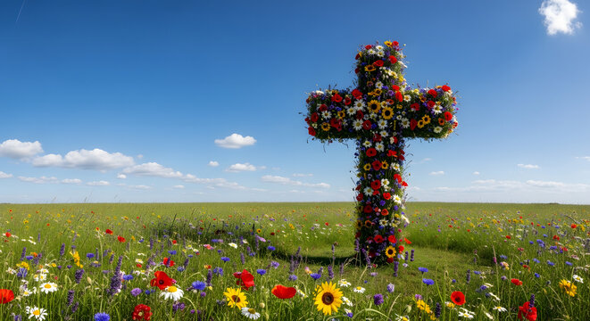 The cross, made entirely of colorful wildflowers, stands in a wide green meadow under a bright blue sky with a few white clouds - Powered by Adobe