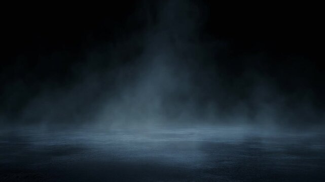 Mysterious fog rolls over a dark, textured ground, creating an eerie atmosphere with a sense of depth and enigma