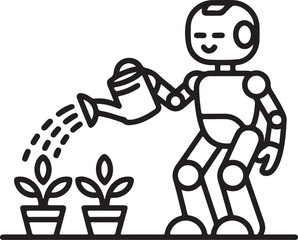 Robot watering a plant in a line art style