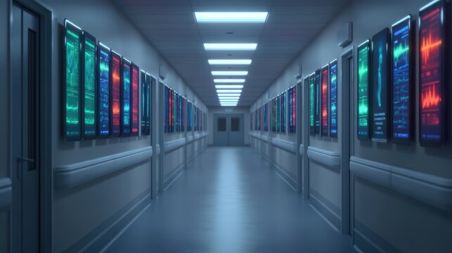 A sterile corridor lined with digital screens displaying various data, creating a futuristic and high-tech atmosphere.