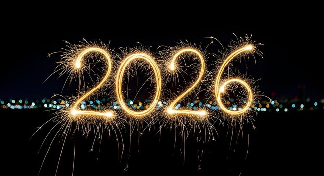 Glowing sparkler writing of number 2026 shining brightly in the dark night sky with bokeh lights, symbolizing New Year celebration and happiness.