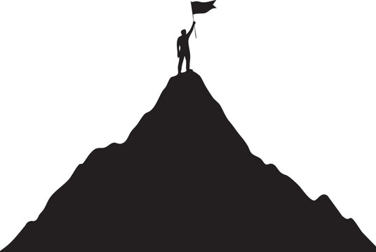 Silhouetted figure victoriously waves flag atop mountain, showing achievement, challenge, and success in transparent background